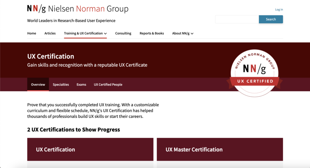 Page Flows’ screenshot of the Nielsen Norman Group landing page for the UX Certification.
